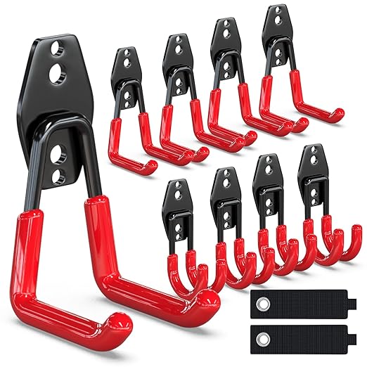 3-H Garage Wall Hooks 10 Pack, Heavy Duty Garage Hooks with Extra Welding Spots, Wall Mount Storage Organizer for Hanging Garden Lawn Tools, Chair, Shovel, Blower, Toolkit (Red)