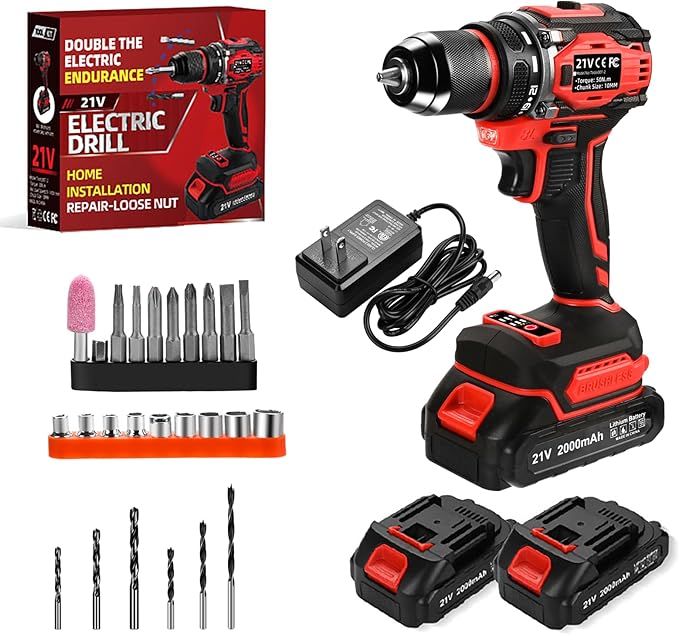 21V Cordless Power Drill/Driver Set, 2 Variable Speeds with LED Light, 3/8" Keyless Chuck, 2 Batteries & Charger, 28-Piece Kit for Home Use(Red)