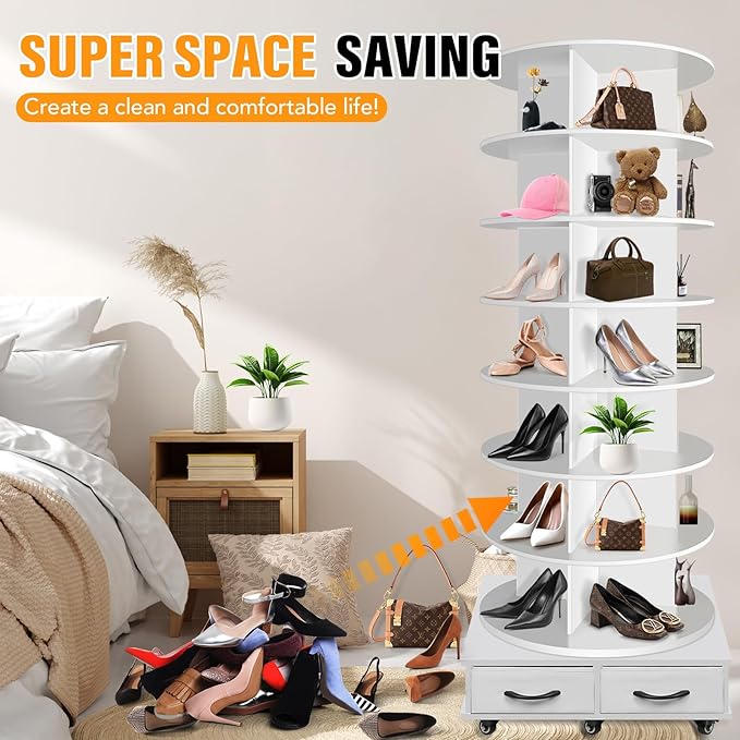 8 Tier Rotating Shoe Rack Tower contains 2 drawers, Spinning Shoe Rack Display Lazy Susan, Revolving 360 Shoe Racks Storage Round Carousel, Equipped with 5 Universal Wheels with Brake Function