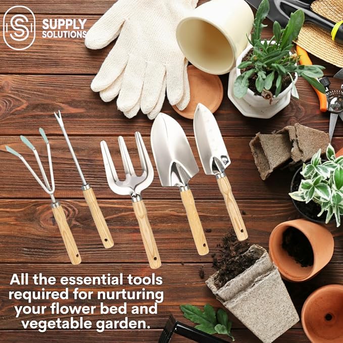 Supply Solutions Gardening Tools - Perfect Garden Tools for Women or Men - Small Heavy Duty Gardening Hand Tools with Trowel, Transplanter, Fork, Rake, and Cultivator - Ergonomic Design Gardening Kit