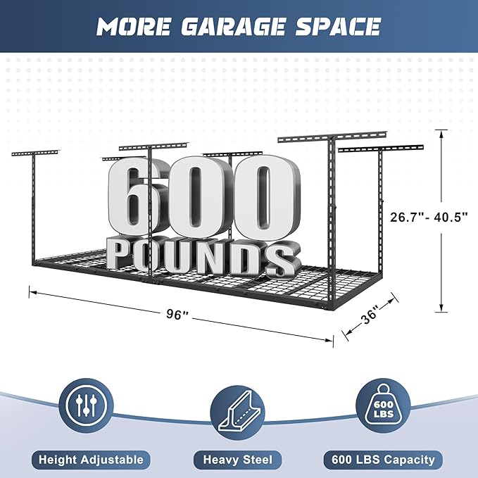 3X8FT Overhead Garage Storage Rack, 22"-48" Height Adjustable Garage Ceiling Storage Racks, Heavy Duty Metal Garage Storage Organizer System, 600LBS Weight Capacity