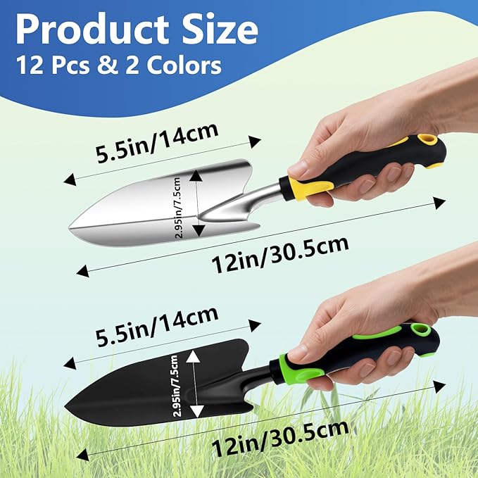 12 Pcs Garden Shovel, Aluminum Alloy Trowel Garden, Heavy Duty Small Shovels, Metal Hand Trowel, Hand Shovel with Ergonomic Handle, Gardening Tools for Digging Weeding Planting Transplanting