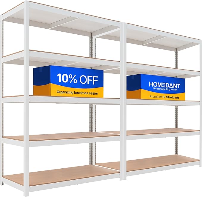 HOMEDANT House Lift-Beam White Boltless Heavy Duty Garage Storage Shelving Adjustable 5-Tier Metal Shelves Laminated Shelf Industrial Utility Rack Pantry 48.1" W x 24.4" D x 71.3" H 2Pack