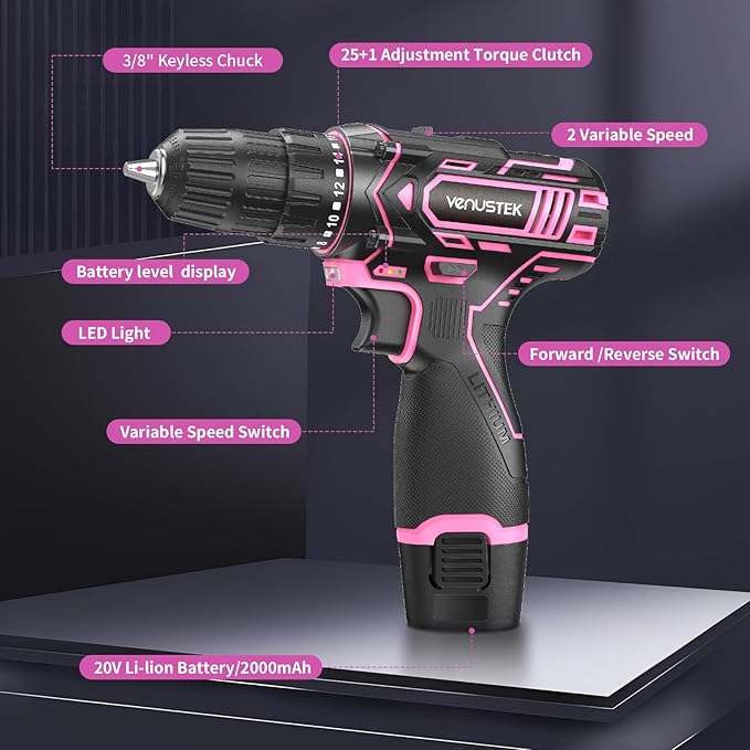 Cordless Drill Set, 12V Power Drill with 2.0Ah Battery and 2-Speed, 30Nm Torque, 25+1 Clutch Settings, 3/8" Keyless Chuck, Pink Electric Drills for Home DIY, Wood, Metal, Plastic Drilling