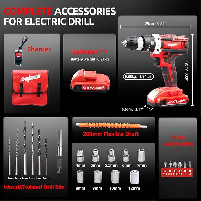 DOGTOOTH 21V MAX Cordless Drill, 2 * 2.0 Ah Batteries, 2 Speed Functions Max 1350 RPM, Build-in LED, 23 Bits, Charger, Tool Bag - Red