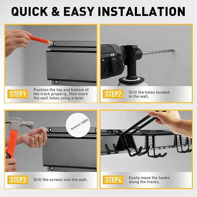 ELEAD 9-Pairs Heavy Duty Garage Tool Organizer Wall Mount Hooks, 48 Inches 730 lbs Garden Tool Organizer with Adjustable Hooks, Yard Tool Organizer for Garden, Yard, and Shed