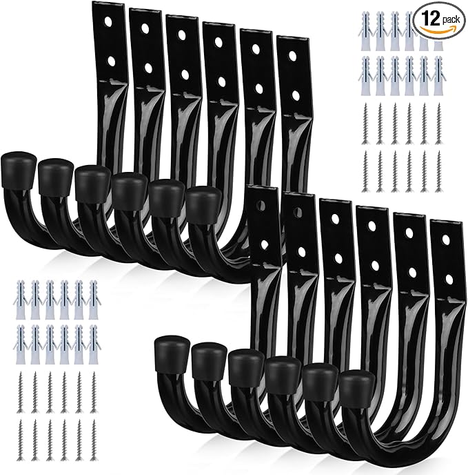 Heavy Duty Garage Storage Hooks, 12-piece Bike Hooks for Garage Wall, Utility Garage Hooks, Wall Mount J Hook for Hanging, Large Metal Storage Organizer Tool, Extension Cord Hanger
