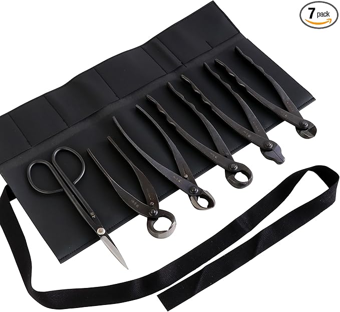 Wazakura Made in Japan 6PCS Bonsai Professional Tool Kit with Roll Bag: Yasugi Steel Twig Scissor, Concave Branch Cutter, Knob Cutter, Jin Plier, Wire Cutter, Root Cutter. Bonsai Tool Set with Case