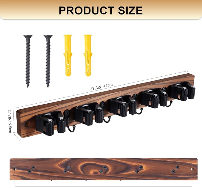Broom Holder Wall Mount With 5 Slots & 4 Hooks,Rustic Wood Broom & Mop Hanger,Wall Mounted Garden & Garage Tool Storage Organizer Rack for Closet Laundry Room or Kitchen Wall Decor