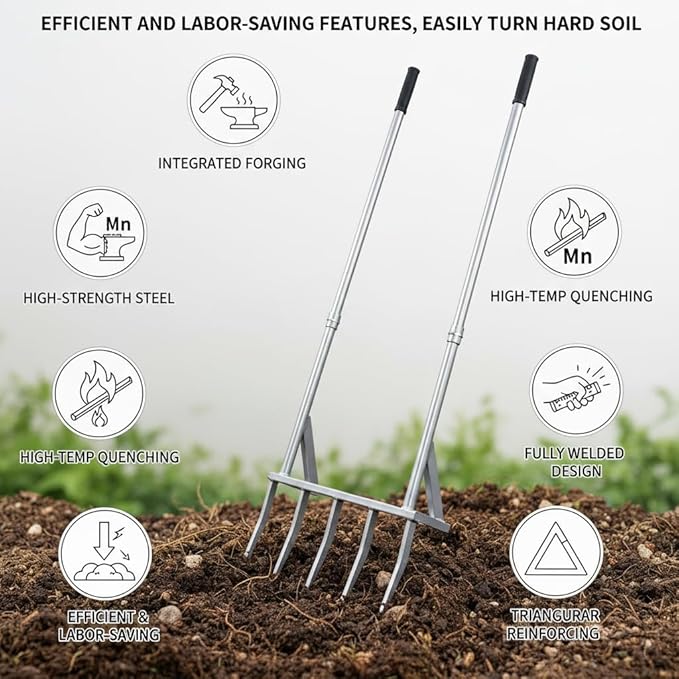 5-Tine Broad Fork Heavy Duty Garden Fork Built Tough for Lasting Durability Loosen and Aerate Clay Soil on Farms and in Home Gardens