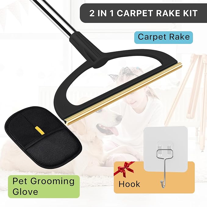 2 in 1 Carpet Rake for Pet Hair Removal,Reusable Pet Hair Removal Broom - 56” Adjustable Long Handle Cat Dog Hair Remover Carpet Scraper for Rugs, Mats, Couch, Bed
