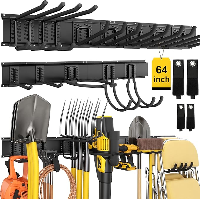 64" Garage Tool Organizer Wall Mount, Garden Tool Organizer, Garages Organizers with Adjustable Hooks, Tool Storage Rack Bearing 440lbs (4 Racks, 12 Hooks, 4 Straps)