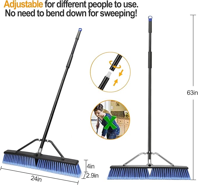 24 inches Push Broom Outdoor for Deck Driveway Garage Yard Patio Concrete Floor Cleaning-Blue
