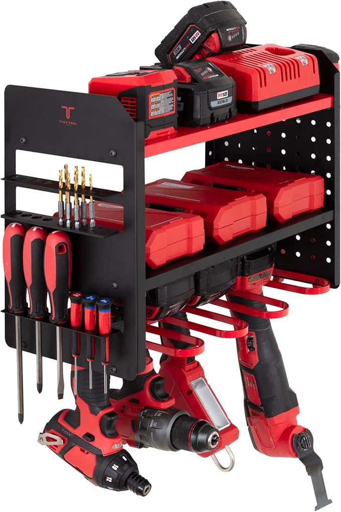 Power Tool Organizer - Wall Mount Storage for Garage Organizes 4 Cordless Drills & Tools - Heavy Duty Rack w Pegboard Sides Shelves & Hooks - Neatly Holds Screwdrivers & Drill Bits RED/BLACK