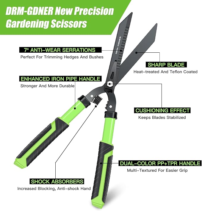 Professional Heavy Duty Hedge Shears 23" - Serrated Blade & Dual Shock Handle, Ergonomic Gardening Clippers with Anti-Rust Coating