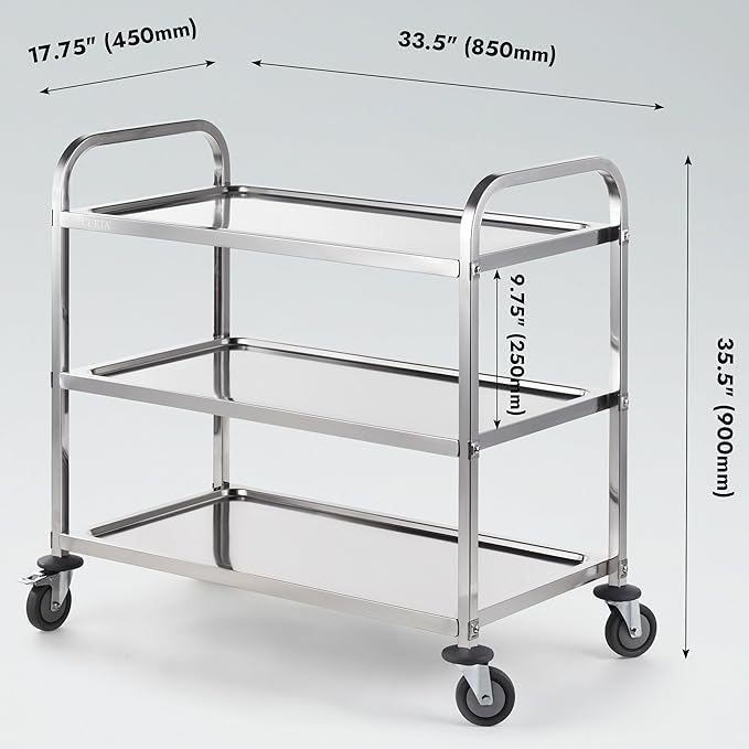 CURTA Stainless Steel Serving Trolley, 34" L x 18" W x 36" H 3 Tiered Shelf Kitchen Utility Cart, Rolling Casters Brake Wheel, Commercial Pro for Restaurant/Hotel/Lab/Clinic/Salon/Workshop