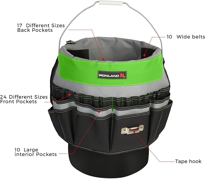 IRONLAND Bucket Tool Organizer Fit 3.5-5 Gallon Bucket, 51 Pockets, Bucket Tool Caddy Organization for Garden, Construction, Carpenter, Electrician, Builder Green & Black