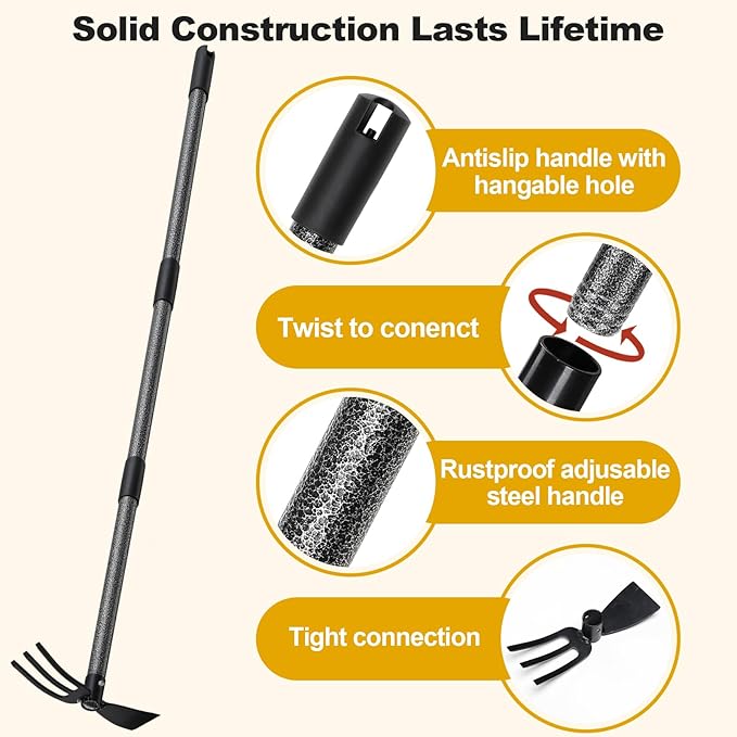 Garden Hoe, 2 in 1 Hand Hoe Garden Tools,45 Inch Long Handle,Garden Hoe and Cultivator for Weeding Cultivating Planting, Small Hand Rake Tiller for Flower Bed Gardening, Loosening Soil