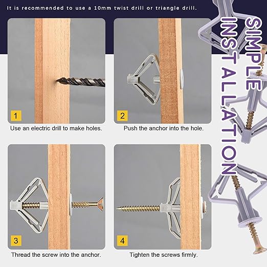 Swpeet 120Pcs Grey Drywall Anchor with Screw Kit - Nylon Plastic Drywall and Hollow-Wall Anchor Kit, Wall Anchor Hooks, and Hollow-Door Toggle Anchor for for Hanging Heavy Items on Drywall