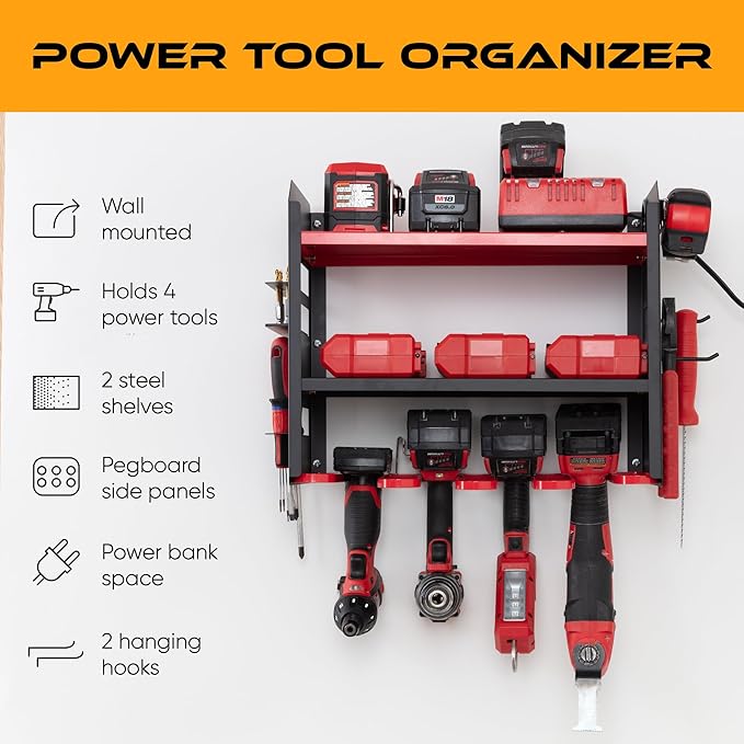 Power Tool Organizer - Wall Mount Storage for Garage Organizes 4 Cordless Drills & Tools - Heavy Duty Rack w Pegboard Sides Shelves & Hooks - Neatly Holds Screwdrivers & Drill Bits RED/BLACK