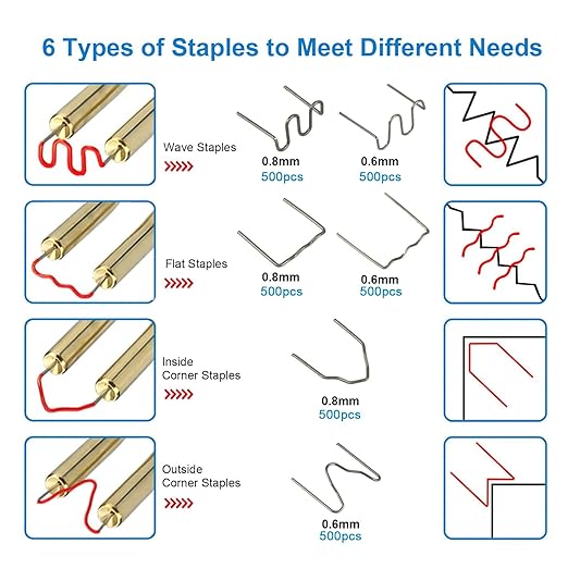 3000PCS Hot Staple Plastic Welder Staples Kit,6 Types Automotive Plastic Repair Welding Staples for All Cars Furniture Toy Maintenance, 0.6 0.8 mm Auto Bumper Repair Welding Rod