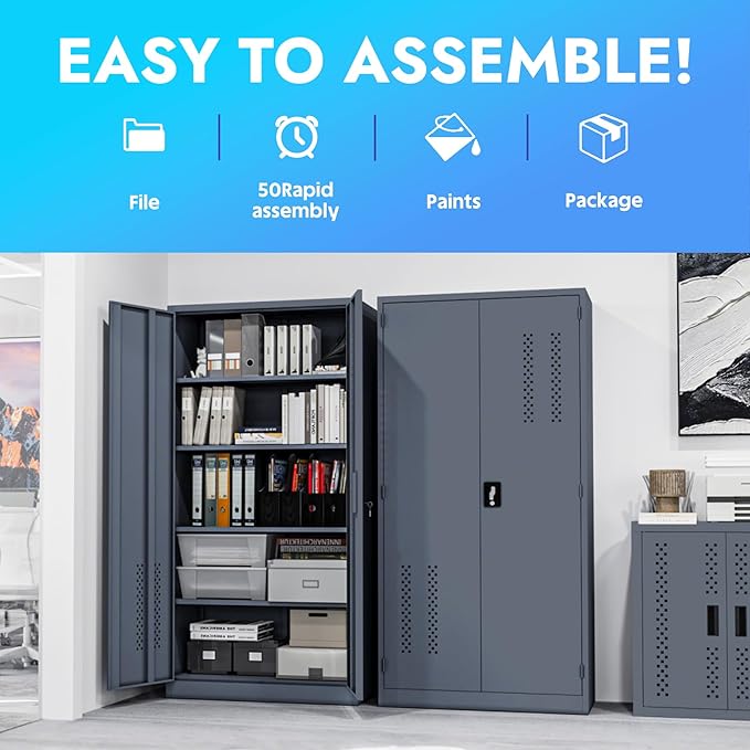 KAER Metal Garage Storage Locker 72" H Garage Cabinets with 2 Doors 4 Adjustable Shelves and Tool Board Tool Cabinets for Warehouse Basement Home Office - Assembly Required