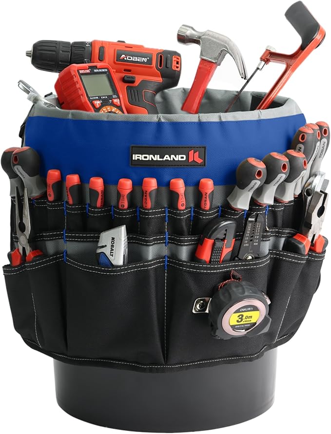 IRONLAND Bucket Tool Organizer Fit 3.5-5 Gallon Bucket, 51 Pockets, Bucket Tool Caddy Organization for Garden, Construction, Carpenter, Electrician, Builder Blue & Black
