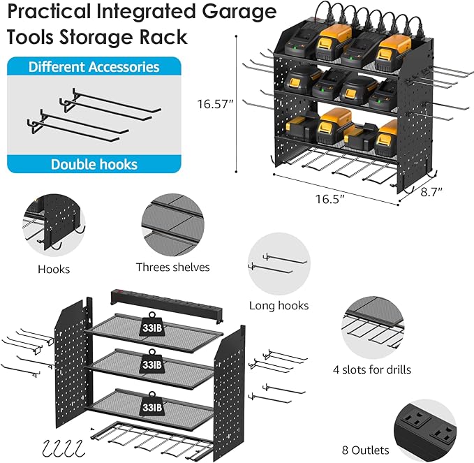 CCCEI Modular Power Tool Organizer with Charging Station. 4 Layer Wall Mount Drills Holder, Tool Battery Charger Organizer. Garage Shop Storage Utility Shelf with 10FT Power Strip, Gift for Men.