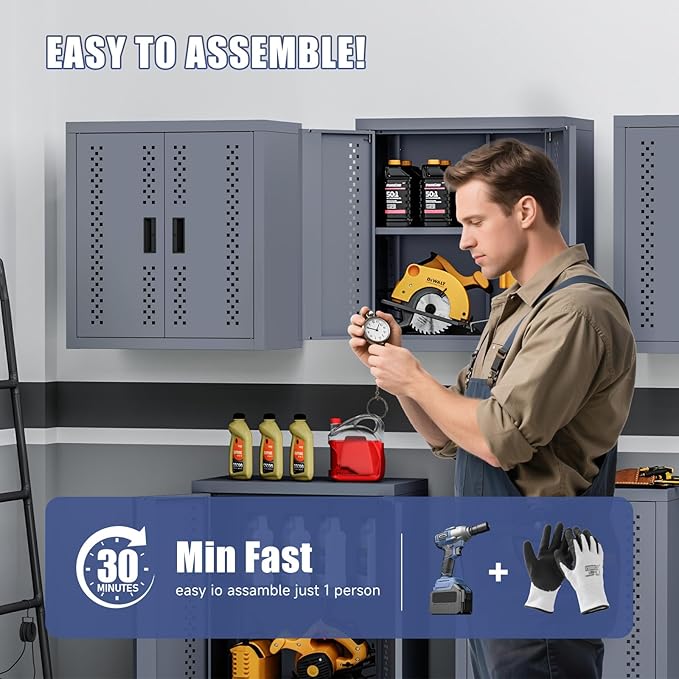 Metal Garage Storage Cabinet Industrial Style Tool Cabinets with 2 Doors and Adjustable Shelf Wall Mounted Steel Hanging Cabinet for Warehouse Basement Kitchen Laundry - Assembly Required