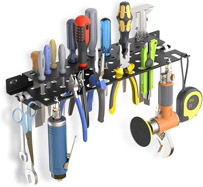 WallMount Tool Storage Rack, 17'' Screwdriver Holder Organizer, Equipped Suspension Holes for Pneumatic Tools