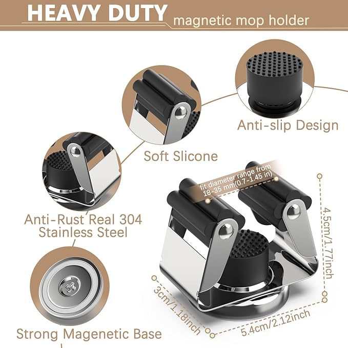 3-H Magnetic Broom Holder with Strong Magnetic Hook 4 Pack,Broom Holder Wall Mount for Garage Garden Shed Storage System Laundry Room Home Kitchen Organization