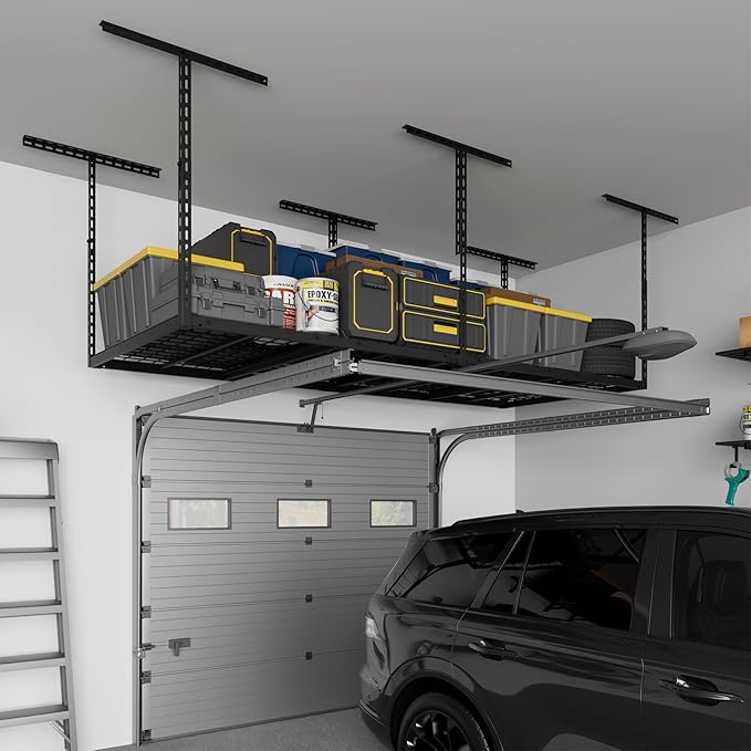 3X8FT Overhead Garage Storage Rack, 22"-48" Height Adjustable Garage Ceiling Storage Racks, Heavy Duty Metal Garage Storage Organizer System, 600LBS Weight Capacity