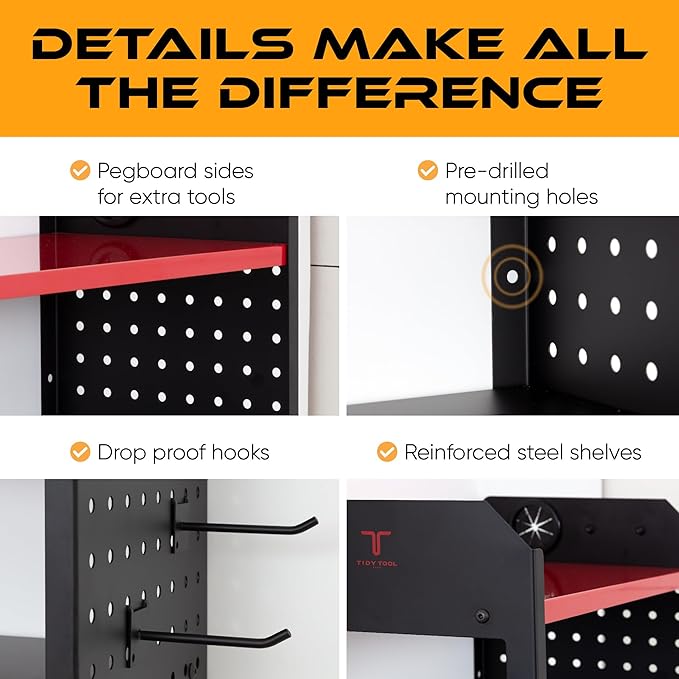 Power Tool Organizer - Wall Mount Storage for Garage Organizes 4 Cordless Drills & Tools - Heavy Duty Rack w Pegboard Sides Shelves & Hooks - Neatly Holds Screwdrivers & Drill Bits RED/BLACK