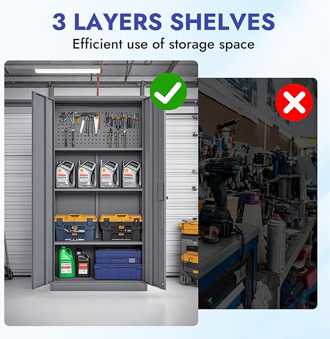 KAER Metal Garage Storage Locker 72" H Garage Cabinets with 2 Doors 4 Adjustable Shelves and Tool Board Tool Cabinets for Warehouse Basement Home Office - Assembly Required