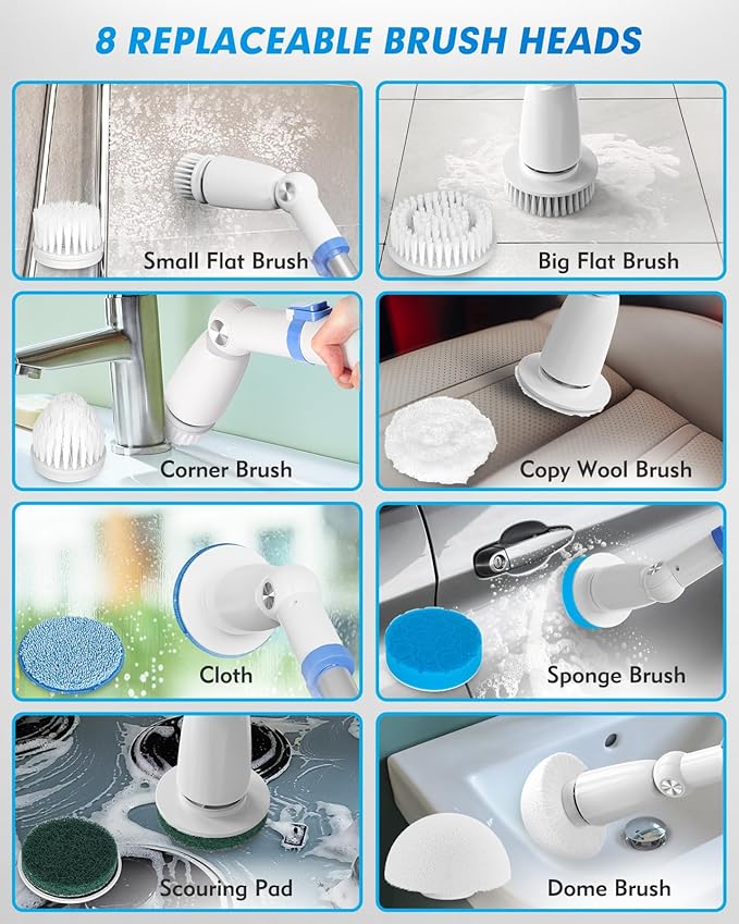 BEAUTURAL Cordless Electric Spin Scrubber, Efficient & Effortless, 2 Adjustable Speed & 3 Length with 8 Brush Heads – Bathroom, Kitchen, Tile & Grout Cleaning