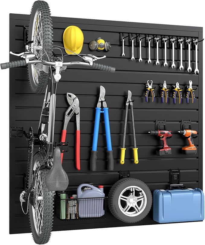 DoCred Slatwall Paneling Organizer, 4x4 FT PVC Garage Slat Wall Storage Systems, Heavy Duty Mounted Slat Peg Board for Tool Organization Ladder Bike Rack (Black)