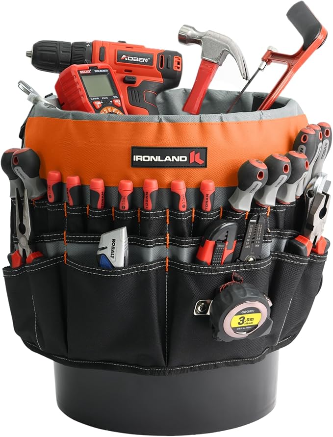 IRONLAND Bucket Tool Organizer Fit 3.5-5 Gallon Bucket, 51 Pockets, Bucket Tool Caddy Organization for Garden, Construction, Carpenter, Electrician, Builder Orange & Black