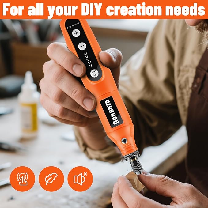 GONANZA Mini Cordless Rotary Tool Kit - 5-Speed, 3.7V Power Supply with LED Light 62 Accessories for Engraving, Sanding, Polishing, Type-C Rechargeable Perfect for DIY Crafts and Precision Work