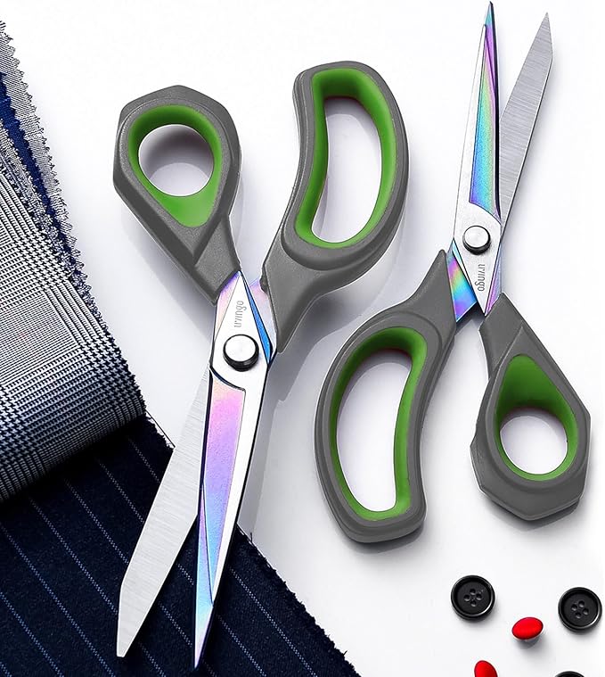 LIVINGO Professional Sharp Fabric Scissors - Titanium Coated Forged Steel Heavy Duty Shears All Purpose for Sewing Craft Cutting Cloth, Paper, Leather, 9.5 Inches, Gray/Green