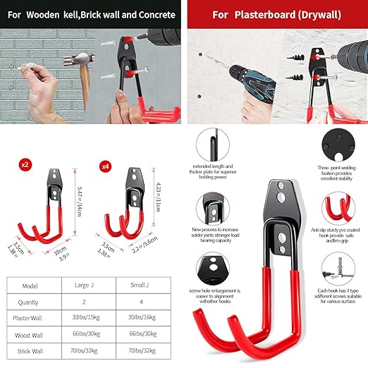 3-H Garage Wall Hooks 10 Pack, Heavy Duty Garage Hooks with Extra Welding Spots, Wall Mount Storage Organizer for Hanging Garden Lawn Tools, Chair, Shovel, Blower, Toolkit (Red)