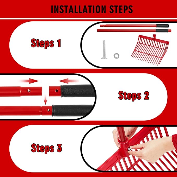 Lasnten 3 Sets Manure Fork with Long Metal Handle Pitch Fork Manure Rake Heavy Duty Muck Rake for Gardening Horse Stall Stable Grass Hay Cleaning Farm Work(Red)