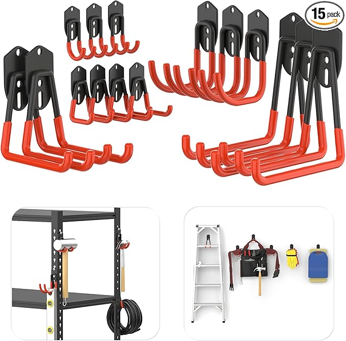 TORACK 15PCS Garage Storage System Hooks, Shelving Hooks for Keyhole Shelving Units Wall Mount Utility Hooks for Tools, Ladders, Cords, Folding Chairs, Shovels and Rakes(Orange)