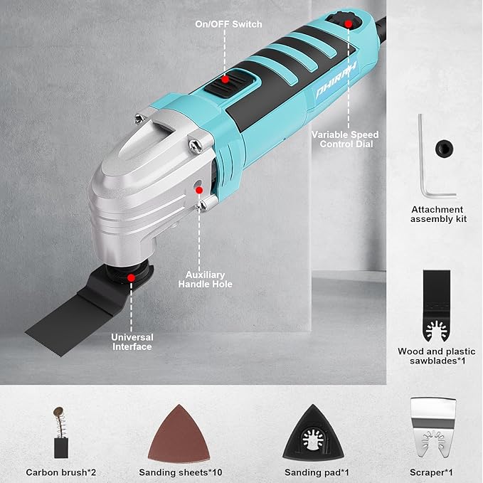 Oscillating Tool, 2.5A Oscillating Multi Tool with 3° Oscillation Angle, 22000 OPM Variable Speeds Multi-Tool Kit for Cutting, Sanding, Grinding, Scraping, 17 Accessories & Universal Interface