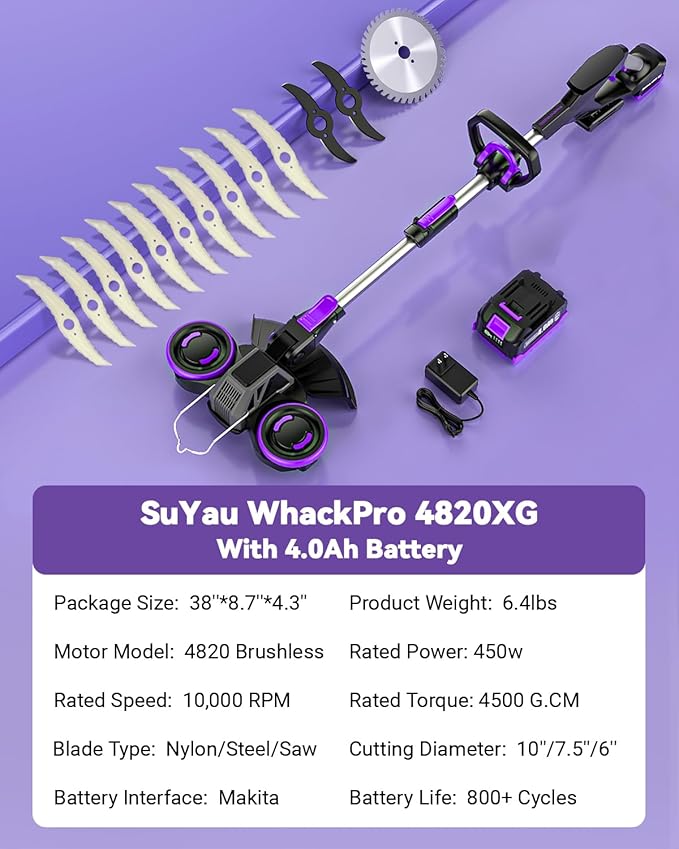 Weed Wacker Cordless, GearBrushless™, 3-in-1 Edger/Mower/Trimmer with Blade, 20V Battery Powered, 60 Min Runtime (WhackPro 4820XG)