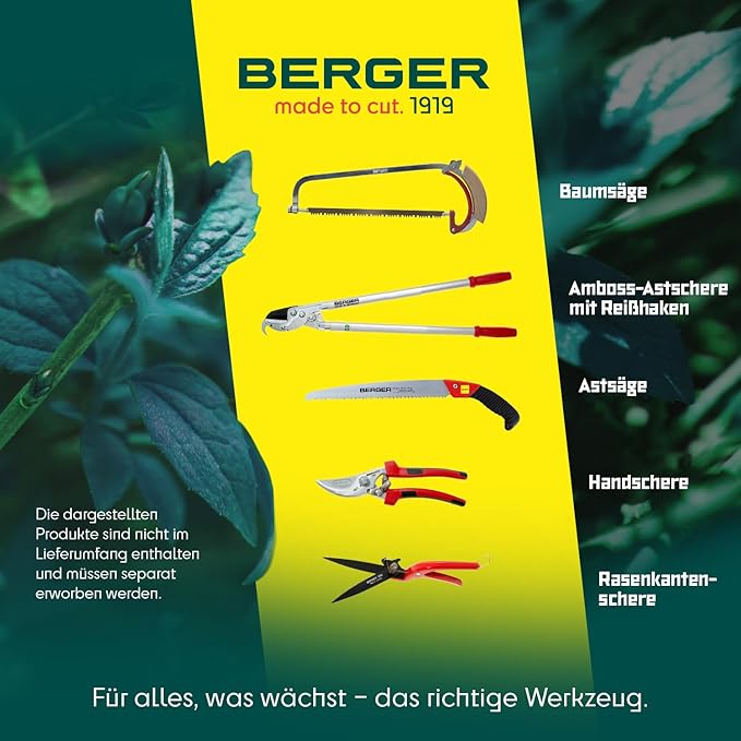 BERGER Professional Hedge Shear, Self-Sharpening 9.45" Steel Blades, Chrome-Plated Wavy Blades, 2 Sap Grooves to Prevent Sticking, Wood Handles, 4590