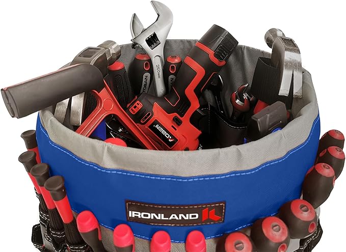 IRONLAND Bucket Tool Organizer Fit 3.5-5 Gallon Bucket, 51 Pockets, Bucket Tool Caddy Organization for Garden, Construction, Carpenter, Electrician, Builder Blue & Black