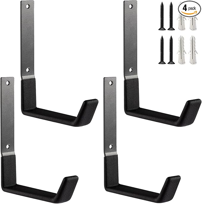 Heavy Duty Steel Hooks - Wall Mount Utility Hooks for Garage & Garden, Hose Hanger & U Hooks (4, Large)