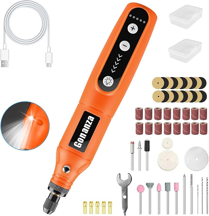 GONANZA Mini Cordless Rotary Tool Kit - 5-Speed, 3.7V Power Supply with LED Light 62 Accessories for Engraving, Sanding, Polishing, Type-C Rechargeable Perfect for DIY Crafts and Precision Work