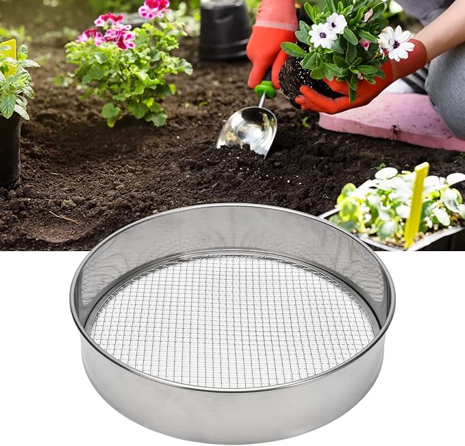 Soil Sieve Stainless Steel Riddle Sieve Set Garden Potting Sieve, 12" Diameter, with 5 Filter Mesh Sizes 3,6,9,10,12mm and Shovel