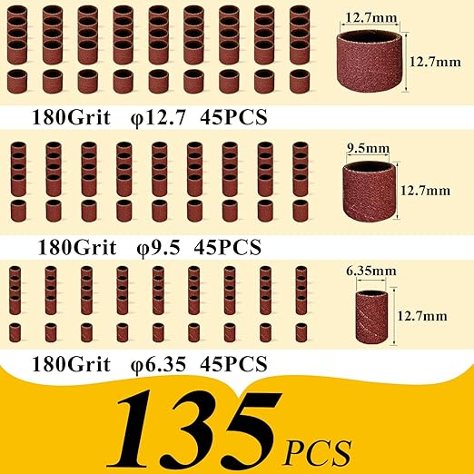 Asieg Tool Sanding Drum Kit 142Pcs 180Grit, 1/2" & 3/8" & 1/4" Diameter Drum Sanding Band with 3.17mm Shank Mandrels for Drill Dremel Rotary Tools Nails Drill